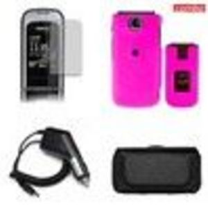 Nokia 2720 Combo Rubber Feel Rose Pink Protective Case Faceplate Cover + LCD Screen Protector + Rapid Car Charger + Black Horizontal Leather Pouch for Nokia 272