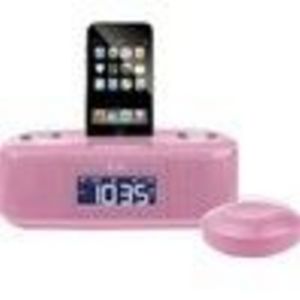 iLuv Hi-Fi Dual Alarm AC Power FM Clock Radio with Bed Shaker, with iPod Dock - Pink